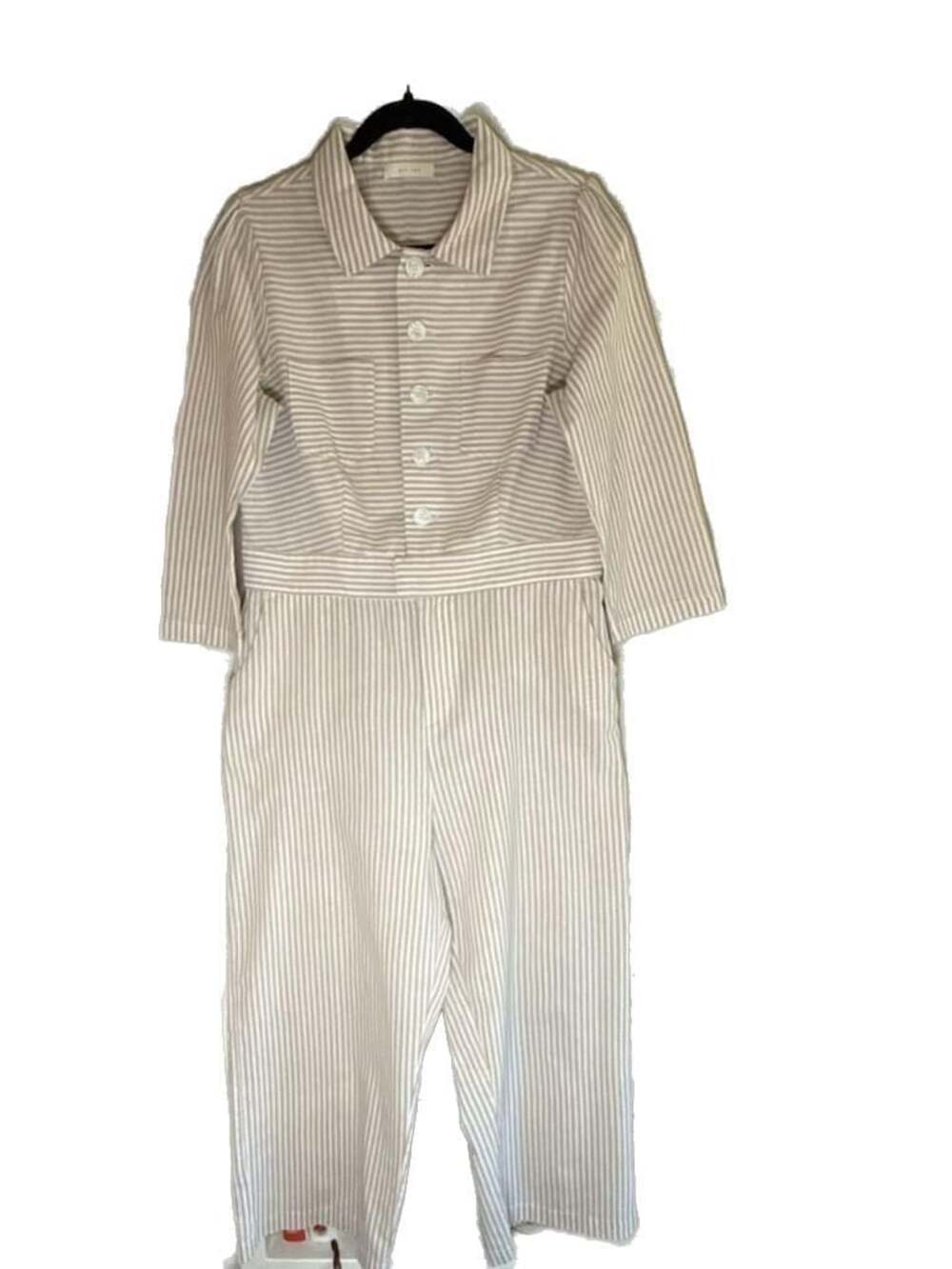 all:row Striped Button-Front Long Sleeve Cotton Blend  Jumpsuit, Large